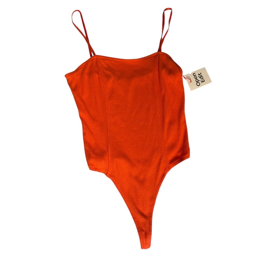 Open Edit Women's Ribbed Square Neck Spaghetti Strap Thong Bodysuit Orange Small